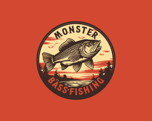 Fishing logo design template illustration, with fish and sea wave design . Sport fishing Logo - obrazy, fototapety, plakaty