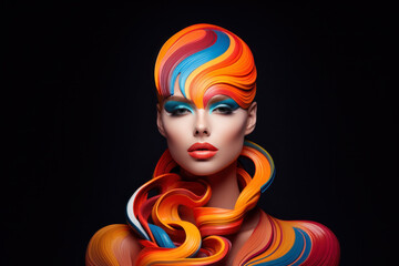 Naklejka premium Avant-garde model posing in the studio with heavy make-up and in a scenic costume, hight fashion