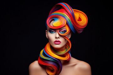 Naklejka premium Avant-garde model posing in the studio with heavy make-up and in a scenic costume, hight fashion