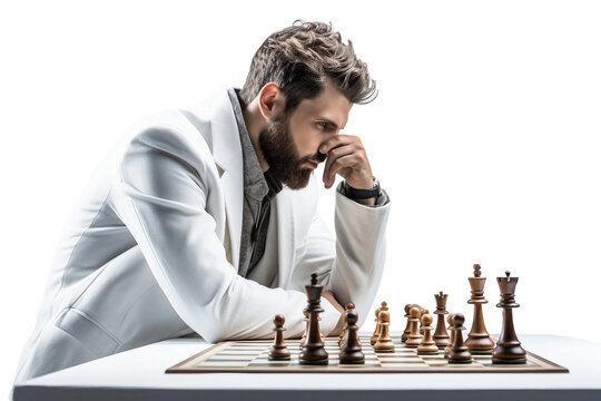 Chess Player Contemplating the Board on transparent background.