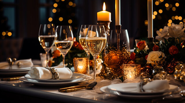 New Years Eve Party Table With Champagne Flute Ribbon And Golden Glitter. Generative AI