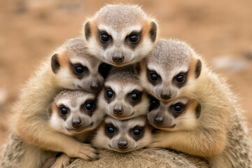 A meerkat family huddled together, each member diligently taking turns as sentinels, exemplifying their cooperative and protective behavior, a remarkable sight showcasing their survival instincts in t - obrazy, fototapety, plakaty