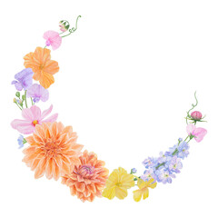 Watercolor botanical colourful round frame of summer and autumn flowers: dahlia, zinnia, lathyrus, gillyflower, nasturtium, cosmos. Good for wedding print products, paper, invitations, greetings
