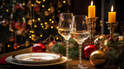 new years eve party table with champagne flute ribbon and golden glitter. Generative AI
