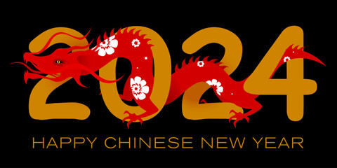 Year 2024 with red dragon on black background. Vector illustration. Happy Chinese New Year.