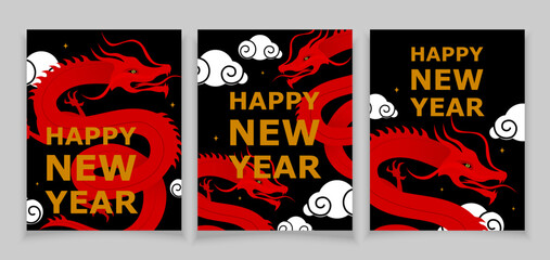 Red dragons fly in clouds on a black background. Set of three card. Happy Chinese New Year.