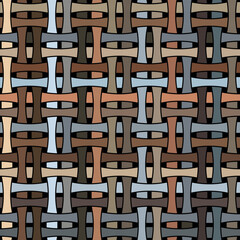 Abstract geometric design. Woven wicker with interlaced brown, grey, and orange stripes on a black background. Seamless repeating pattern. Striped texture. Vector illustration. 