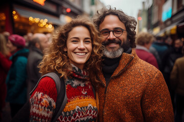 portrait of cheerful couple in knitted sweaters on crowded street with holiday lights