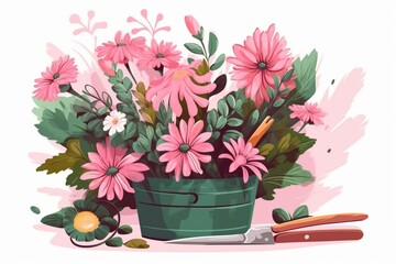 Pink flowers in flowerpot with colorful gardening tools cartoony illustration. Generative AI