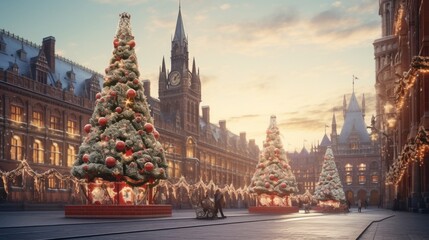City square surrounded by historic buildings with a towering Christmas tree covered in ornaments. - obrazy, fototapety, plakaty