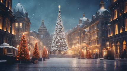 Fototapeta na wymiar City square surrounded by historic buildings with a towering Christmas tree covered in ornaments.