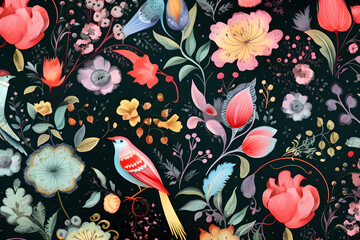Colorful Birds in Acrylic on Midnight Blue, Acrylic Bird Illustration, Midnight Blue, Background, Colorful Avian Art, Bird and Flora, Artistic Composition, Wildlife Inspiration, Textile Pattern