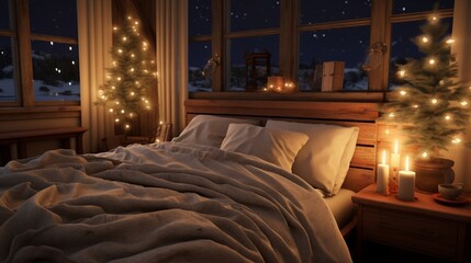 Cozy bedroom with holiday-themed bedding, fairy lights, and a small lit Christmas tree on the nightstand.