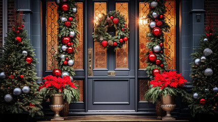 Fototapeta na wymiar Decorated front door with christmas tree and red baubles. Selective focus