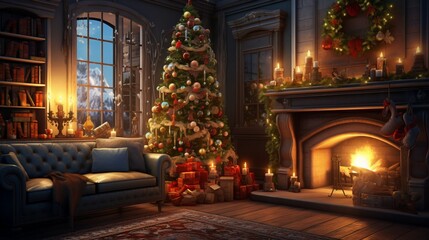 Cozy living room with a crackling fireplace, adorned in sparkling Christmas lights and a festive...