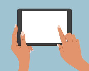 Hands holding a blank screen of a tablet computer. Tablet PC use, flat design. Vector - obrazy, fototapety, plakaty