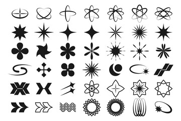 Y2K symbol set in retrofuturism style, design elements for logo templates in modern minimalist style. Retro badges of stars and graphic elements for posters. Vector