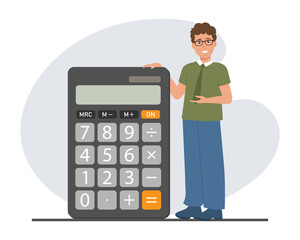 	A man stands next to a calculator. Financial presentation, audit or professional accounting service, cost calculation. Electronic counting device. Cartoon illustration. Vector