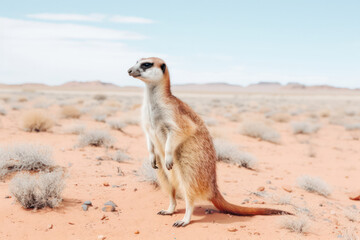 A meerkat standing upright, its body language radiating confidence and alertness, amidst the grassy plains of the savannah, a testament to the resilience and adaptability of these fascinating creature