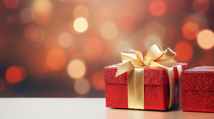 3d realistic red gift boxes with gift bow with gold ribbon. Generative AI