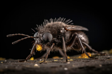 A bee collecting pollen from a vibrant yellow blossom, its fuzzy body and intricate wings highlighted against the flower's natural background, showcasing the essential role of bees in the cycle of lif