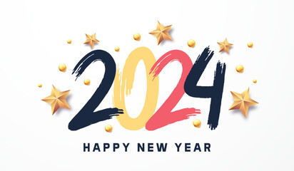 Happy New Year 2024 with calligraphic and brush painted text effect. Vector illustration background for new year's eve and new year resolutions and happy wishes with stars and balls christmas elements