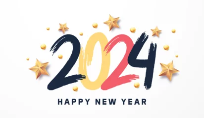 Fotobehang Happy New Year 2024 with calligraphic and brush painted text effect. Vector illustration background for new year's eve and new year resolutions and happy wishes with stars and balls christmas elements © Pedro