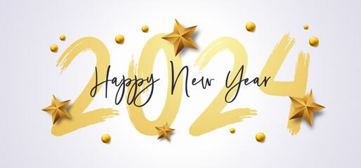 Happy New Year 2024 with calligraphic and brush painted text effect. Vector illustration background for new year's eve and new year resolutions and happy wishes with stars and balls christmas elements - obrazy, fototapety, plakaty