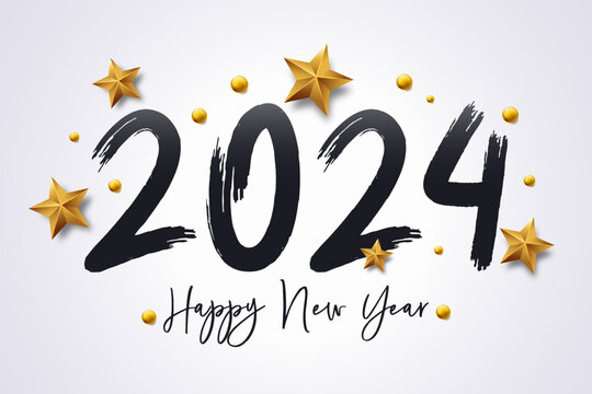 Happy New Year 2024 with calligraphic and brush painted text effect. Vector illustration background for new year's eve and new year resolutions and happy wishes with stars and balls christmas elements