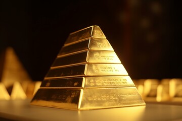 Shiny gold bars pyramid with single gold bar in front on gold background - precious metal or money investment concept. Generative AI