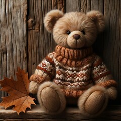 AI generated illustration of a plush teddy bear wearing a knit sweater sits in an autumnal setting