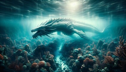 AI generated illustration of a dragon swimming in the sea