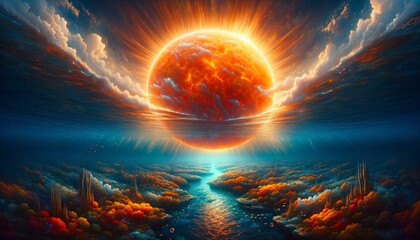 AI generated illustration of a huge fiery sphere above the sea