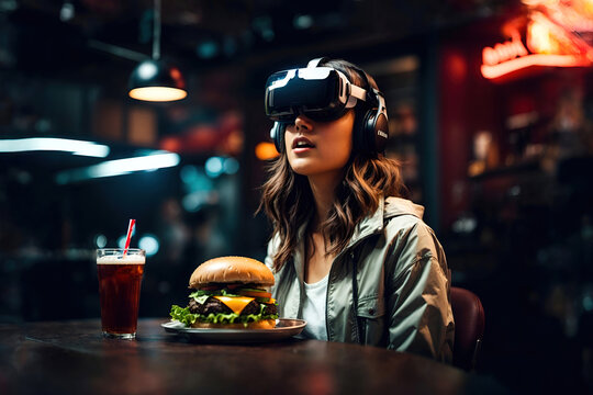 Woman in a restaurant wearing a virtual helmet