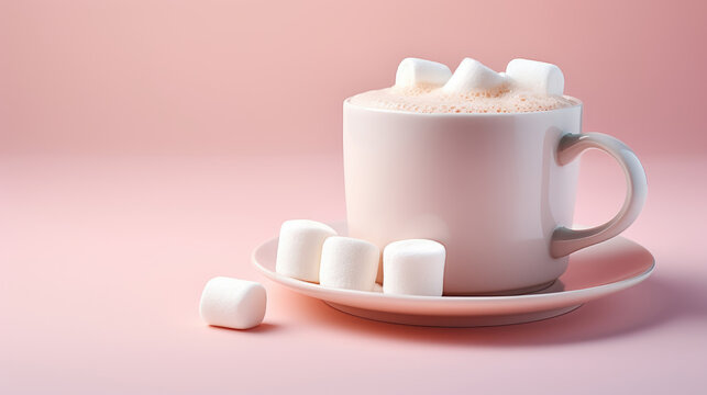a mug of coffee with marshmallow on a pastel pink background