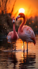 AI generated illustration of two pink flamingos standing in a tranquil body of water