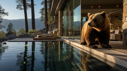 AI generated illustration of a brown grizzly bear standing near a pool at a modern house