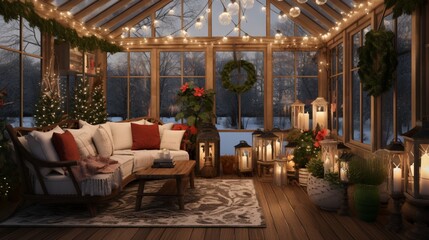 Sunroom transformed into a winter garden paradise with twinkling lights, potted poinsettias, and a festive nature display.