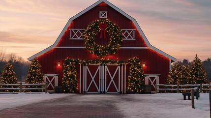 Traditional red barn adorned with strings of white lights and a massive wreath.