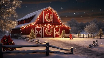 Traditional red barn adorned with strings of white lights and a massive wreath. - obrazy, fototapety, plakaty