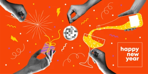 Fotobehang Happy new year 2024 design. With hands holding disco ball, champagne and sparkler. Colorful collage style illustrations. Vector design for poster, banner, greeting and new year 2024 celebration.  © Ольга Логвиненко
