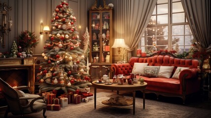 Fototapeta na wymiar Vintage-inspired living room with classic Christmas decor, including retro ornaments and a tinsel-covered tree.