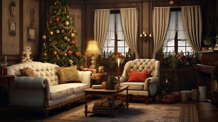 Vintage-inspired living room with classic Christmas decor, including retro ornaments and a tinsel-covered tree.