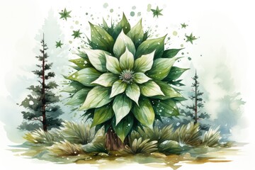 Watercolor magic tree with a crown in the shape of a flower. Spruce forest, Christmas card