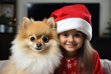 Girl in Santa suit at home with Spitz. Christmas card, calendar with pet