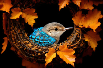 A colorful bird delicately crafting its nest, accompanied by the melodious sounds of nature, as it skillfully weaves together a harmonious arrangement of twigs, grass, and feathers. A symphony of nest - obrazy, fototapety, plakaty