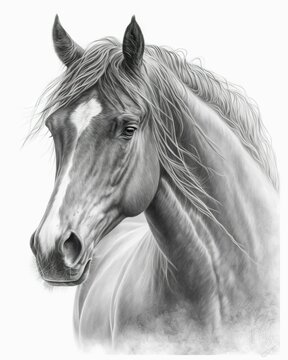 a pencil drawing of a brown horse with long hair, white background