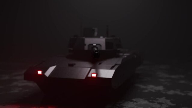 An army tank with red lights in a 3D animation
