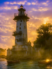 AI-generated photo of the lighthouse at sunset with fishing boats at its base
