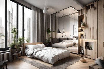 Compact, modern sleeping room interior design in scandinavian style
